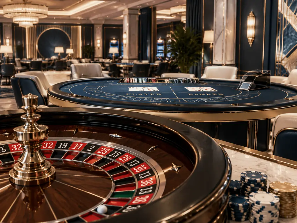Interior kasino biru tua dengan meja roulette dan meja kartu