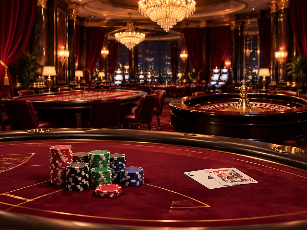 Meja blackjack, keping dan roda roulette di aula kasino