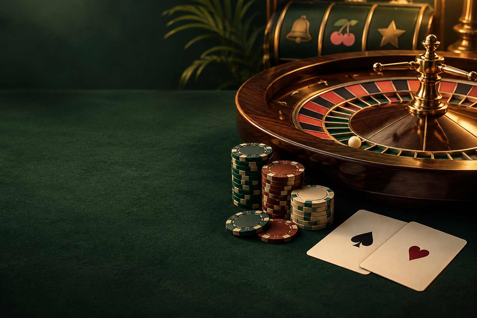 Meja roulette, keping dan kartu dalam cahaya tembaga