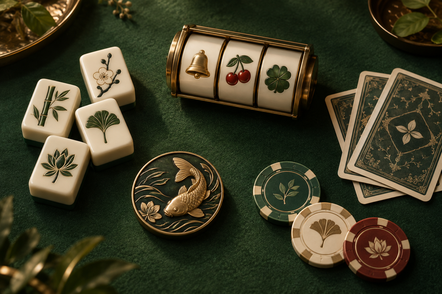 Ilustrasi gulungan slot, ubin mahjong, kartu dan keping
