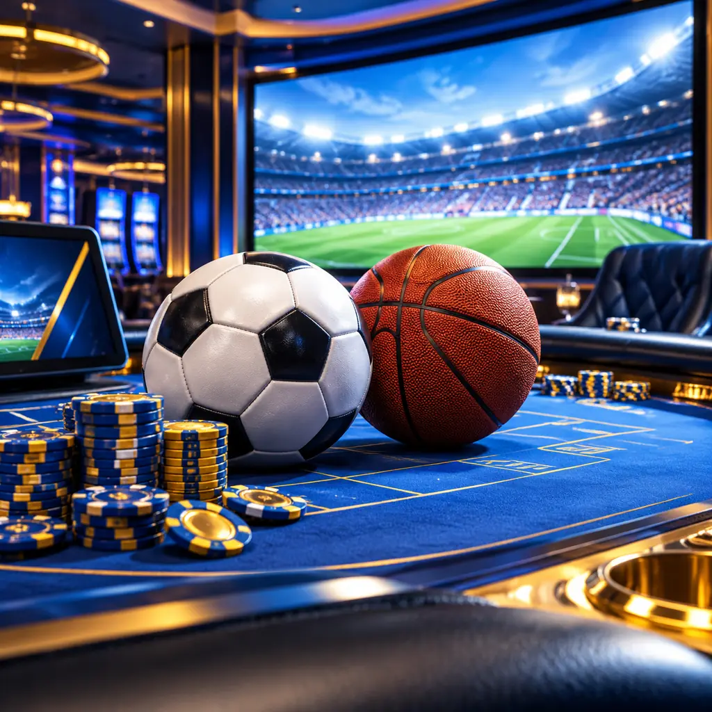 Bola sepak dan bola basket di ruang kasino dengan layar stadion